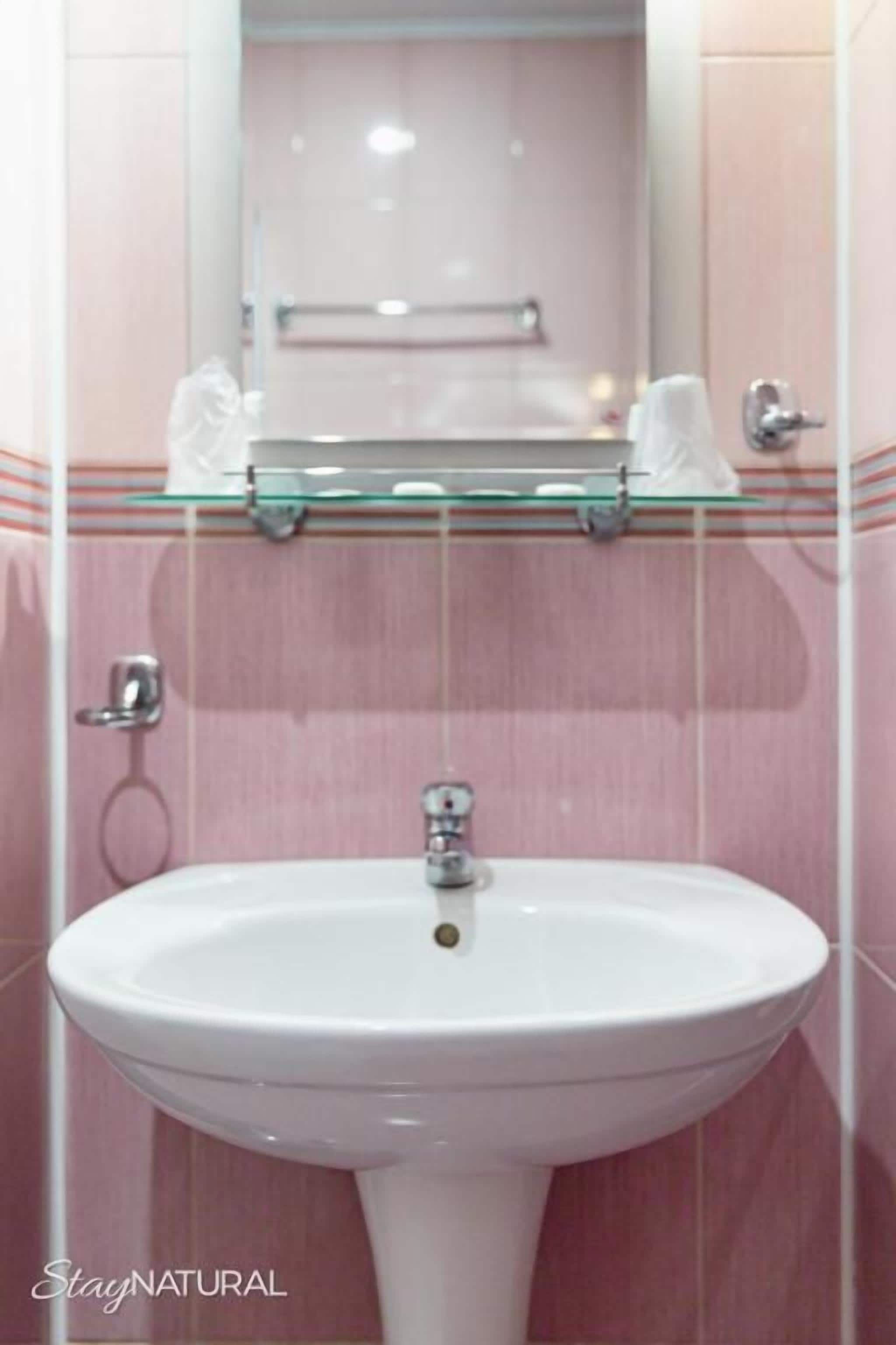 Une salle de bain avec un lavabo blanc, une étagère en verre au-dessus et un miroir.