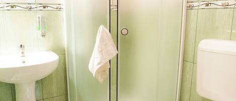 A bathroom with a glass-enclosed shower, a sink, and a toilet.