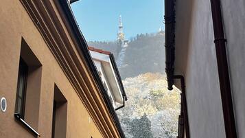 Un edificio con techo inclinado, una ventana de metal y una rejilla de ventilación en la pared.