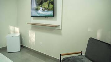 Une pièce avec un téléviseur fixé au mur, un petit appareil électroménager blanc et un canapé gris.