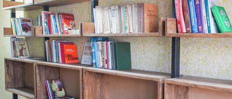 A bookshelf with various books and a few decorative items.