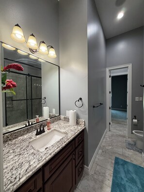 Hair dryer, towels, soap, toilet paper - One of a Kind custom 4-bedroom home with gorgeous ceilings design in Humble (Humble)