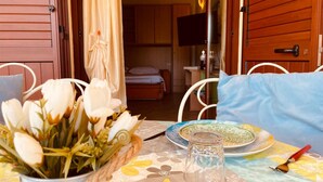 A room with a bed, a television, and a table with a vase of flowers. - New Orange Studio Apartment in Limpiddu, Budoni – Pool, Terrace, Wi-Fi (Budoni)