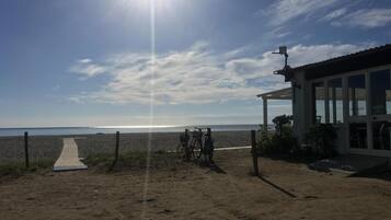 Vista de la playa con un camino que lleva a un edificio con amplias ventanas.