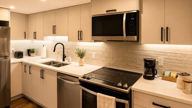 A modern kitchen with stainless steel appliances, white cabinetry, and a wooden floor. - Private Suite w/ Full Kitchen Near Banff National Park (Cochrane)