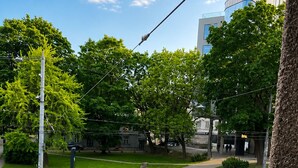 Eine Straßenbahn auf Gleisen, ein Auto auf der Straße und ein Gebäude im Hintergrund.
