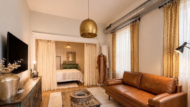 A living room with a brown leather sofa, a wooden coffee table, a TV on a wooden cabinet, and a bed with curtains. - Light-Filled Boho Studio Alcove Retreat in Philly’s Best Neighborhood , new Deck (Philadelphia)