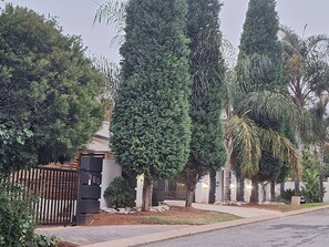 Un barrio residencial con árboles altos, una entrada con reja y un camino de entrada pavimentado.