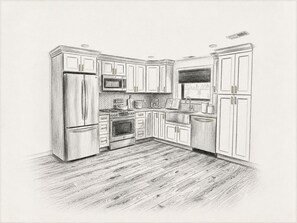 Fridge, microwave, coffee/tea maker, cookware/dishes/utensils
