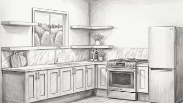 Fridge, microwave, coffee/tea maker, cookware/dishes/utensils