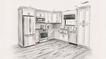 Fridge, microwave, coffee/tea maker, cookware/dishes/utensils