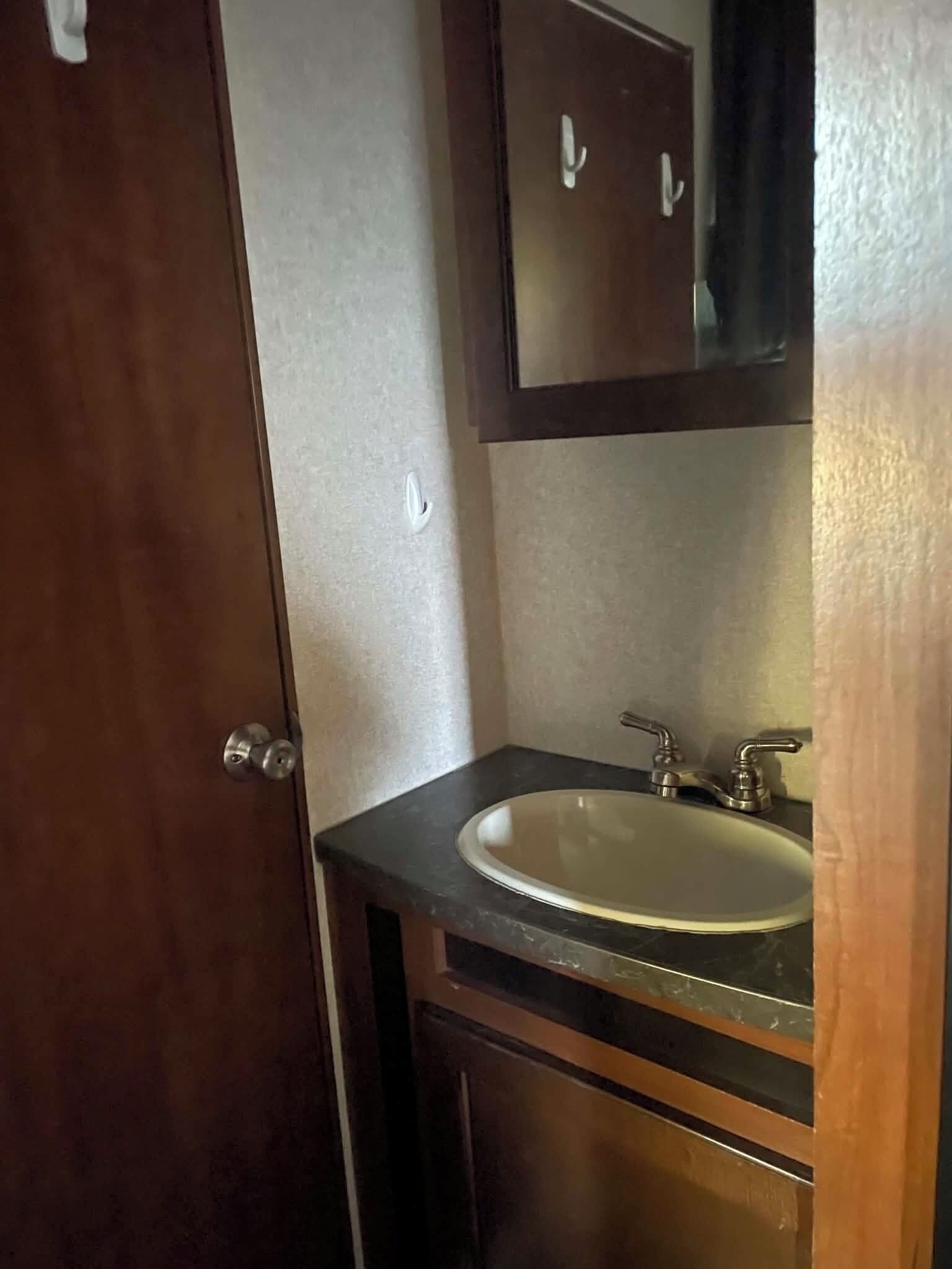 Un baño con puerta de madera, un lavabo con espejo arriba y un mueble abajo.