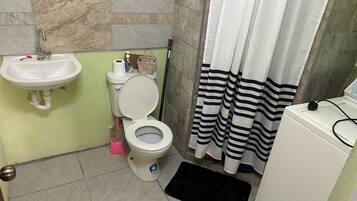 Hair dryer, towels, soap, toilet paper