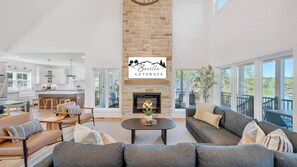 TV, fireplace - Stillwater Overlook, New w/ Covered Verandas + Heated Salt Pool, Hot Tub, Dock! (Bedford County)