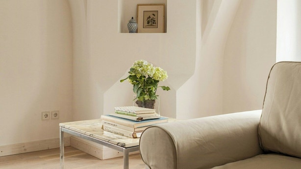 Une pièce au décor minimaliste, avec un canapé, une petite table sur laquelle sont posés des livres et une plante, et un tableau encadré accroché au mur.