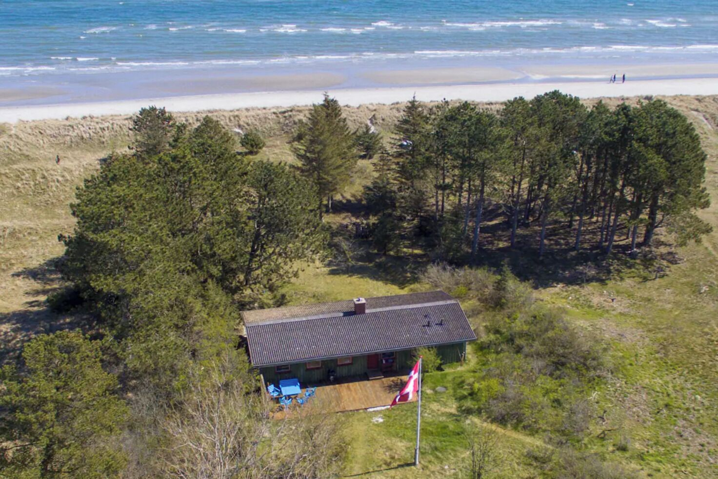 Une cabane dotée d’un toit en pente, entourée d’une forêt dense de pins, située près d’une plage.