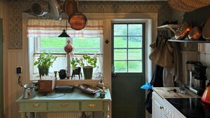 Una cocina con ollas colgantes, una ventana con plantas, una puerta y una estufa.