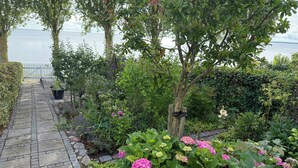 A garden pathway leading to a bench, surrounded by lush greenery and pink hydrangea flowers. - Town house with sea view in historic Ærøskøbing (Ærøskøbing)