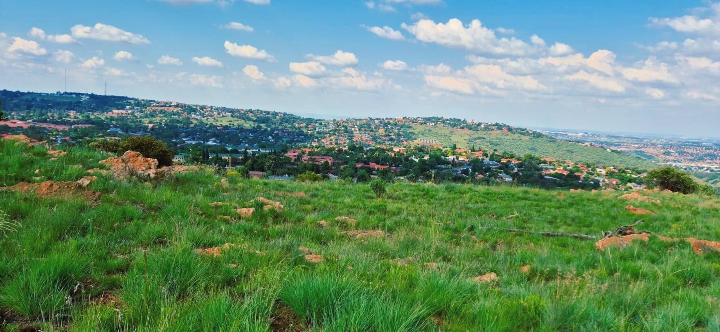 A grassy hillside with scattered rocks and a distant view of a town.