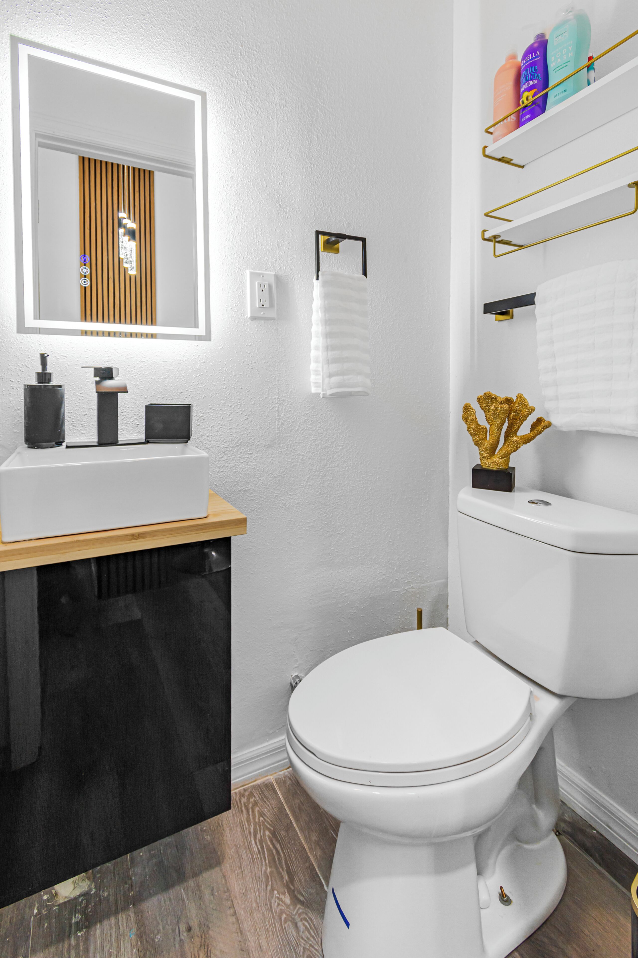 Hair dryer, towels, soap, toilet paper