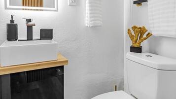 Hair dryer, towels, soap, toilet paper
