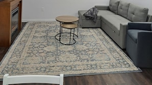 A living room with a sofa, a small table, a television, and a patterned rug. - Little cozy home (Belle River)