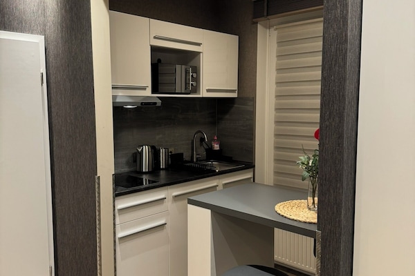 Deluxe Suite, City View | Private kitchen | Full-size fridge, microwave, oven, stovetop