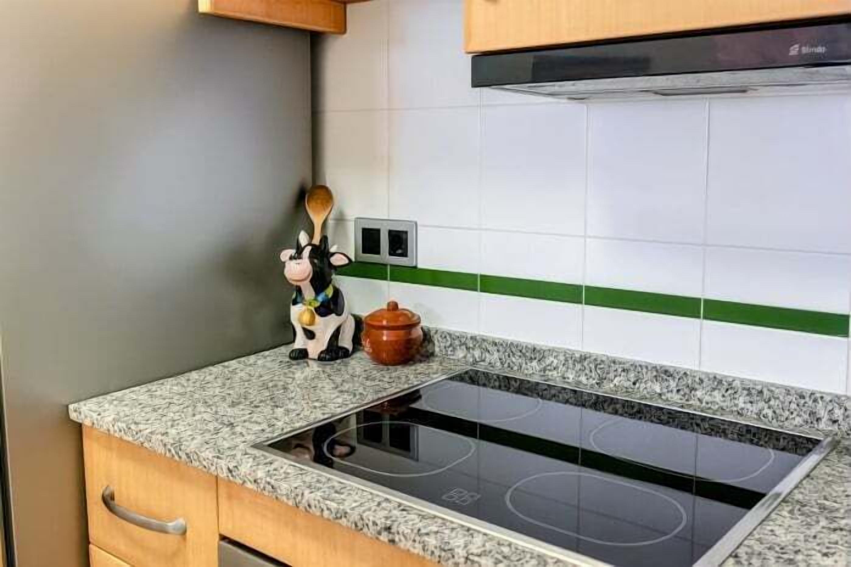 A kitchen with a black induction cooktop, wooden cabinets, and a green tile backsplash.