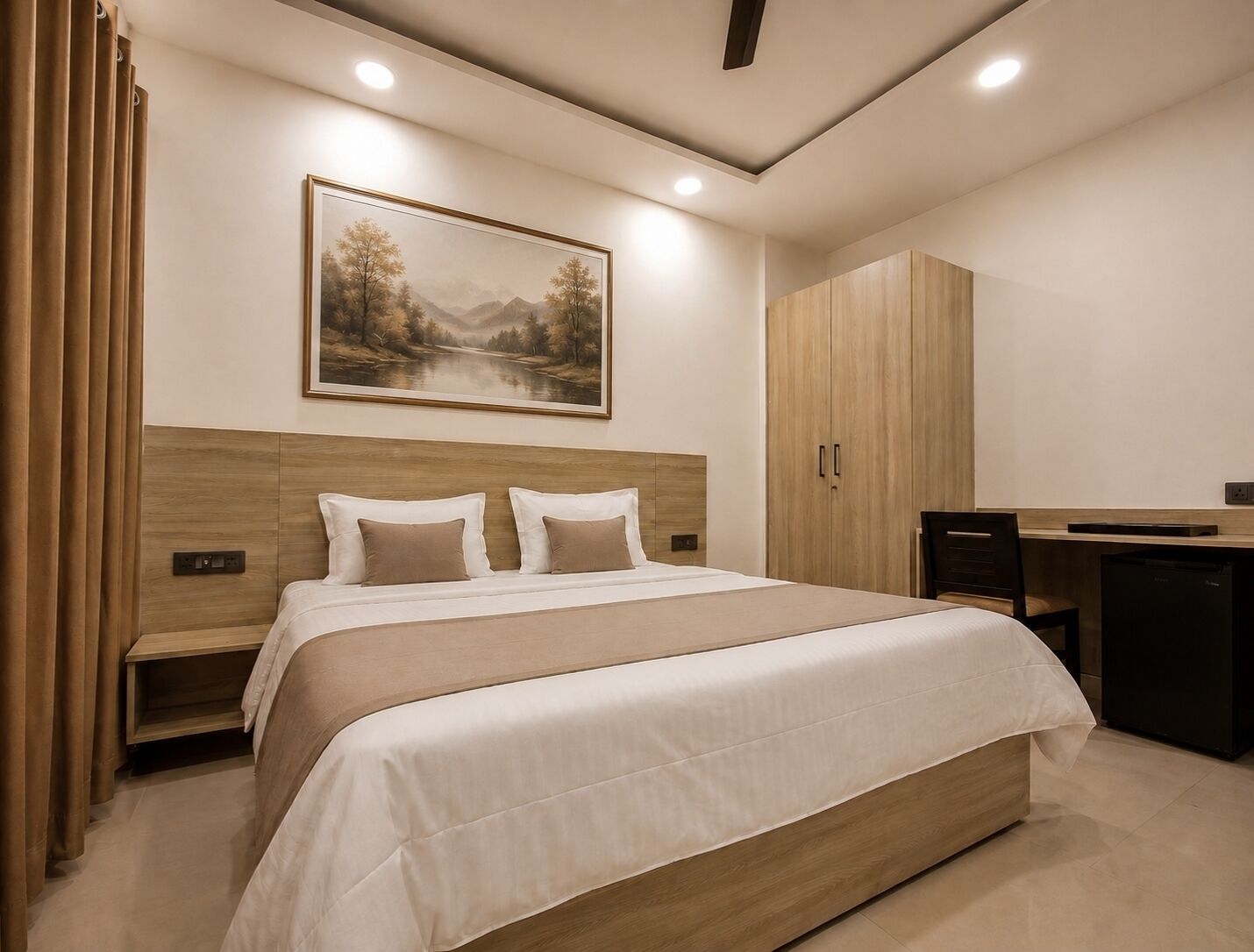 Une chambre moderne avec un grand lit, une tête de lit en bois, un tableau représentant un paysage, une armoire et un bureau avec une chaise.
