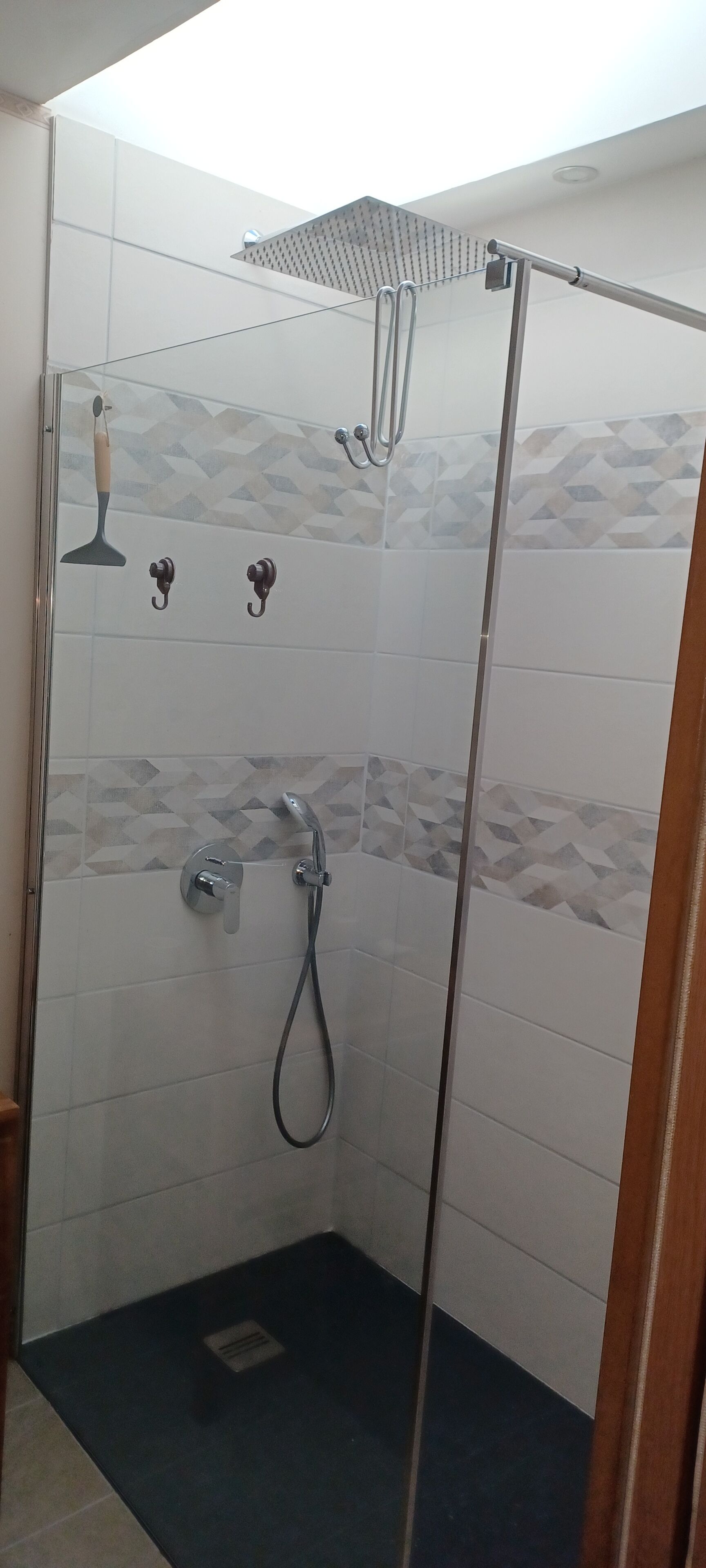 Ducha con puerta de vidrio, ducha de mano y grifo empotrado.