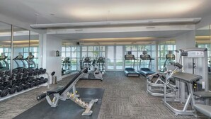 A gym with treadmills, elliptical machines, free weights, and exercise equipment. - Waterfront apartment (Fort Myers)