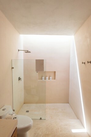 Shower, hair dryer, towels, soap