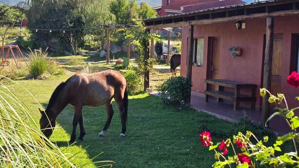 A stable with a horse grazing in the yard, surrounded by mountains and a red building with satellite dishes. - Portal de la Ovejería (Tafi del Valle)