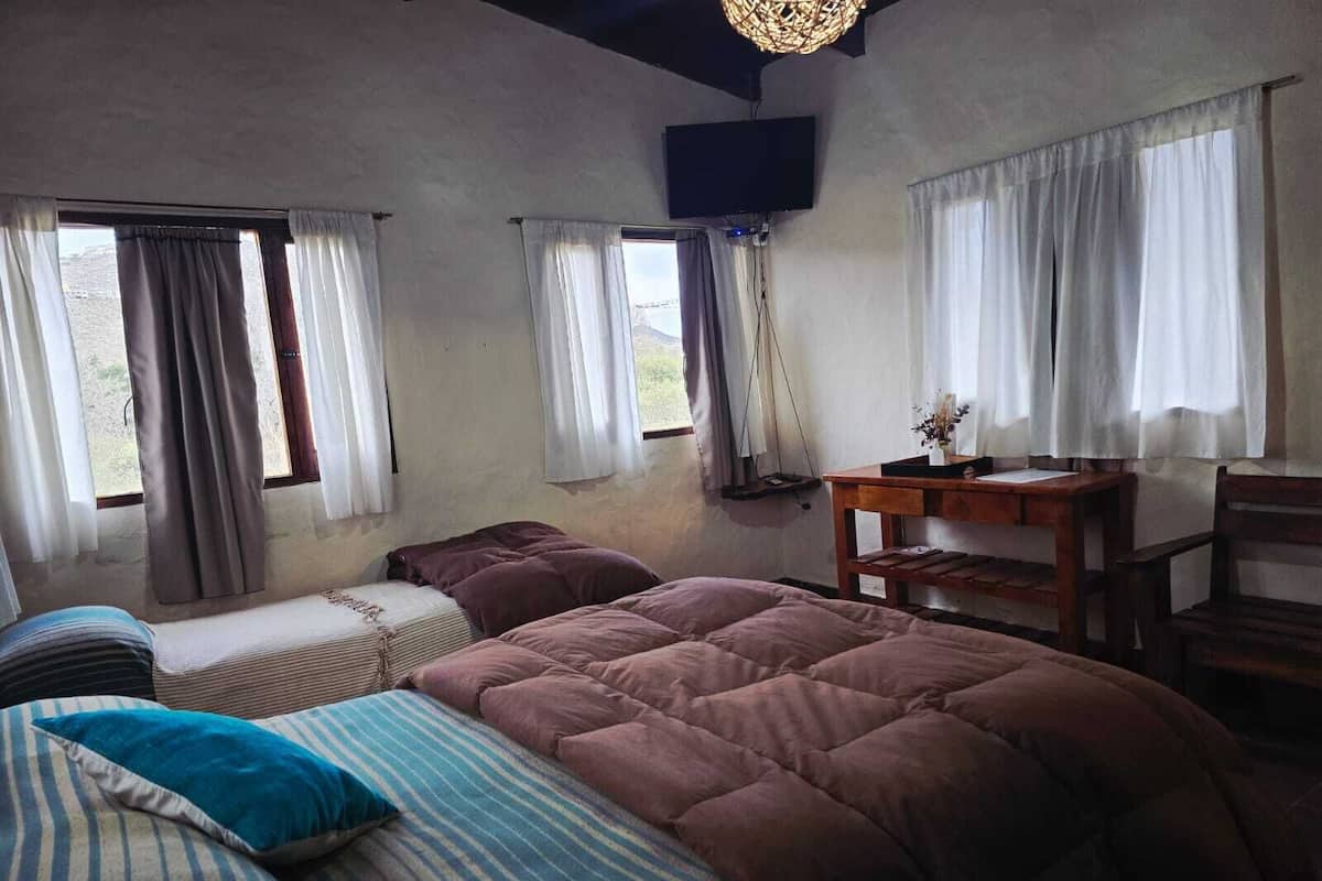 Una habitación con dos camas, un escritorio, una silla y un televisor.