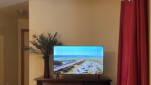 Camera d'albergo con una televisione su una cassettiera in legno, una pianta e una tenda rossa.