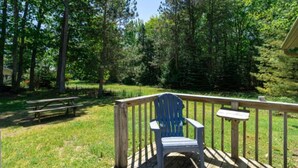 Una terraza con una silla Adirondack azul, una mesa de picnic y una barandilla de madera.