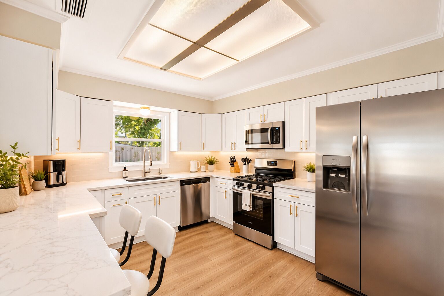 A modern kitchen with white cabinetry, stainless steel appliances, and a wooden floor.