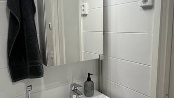 Shower, hair dryer, bidet, towels