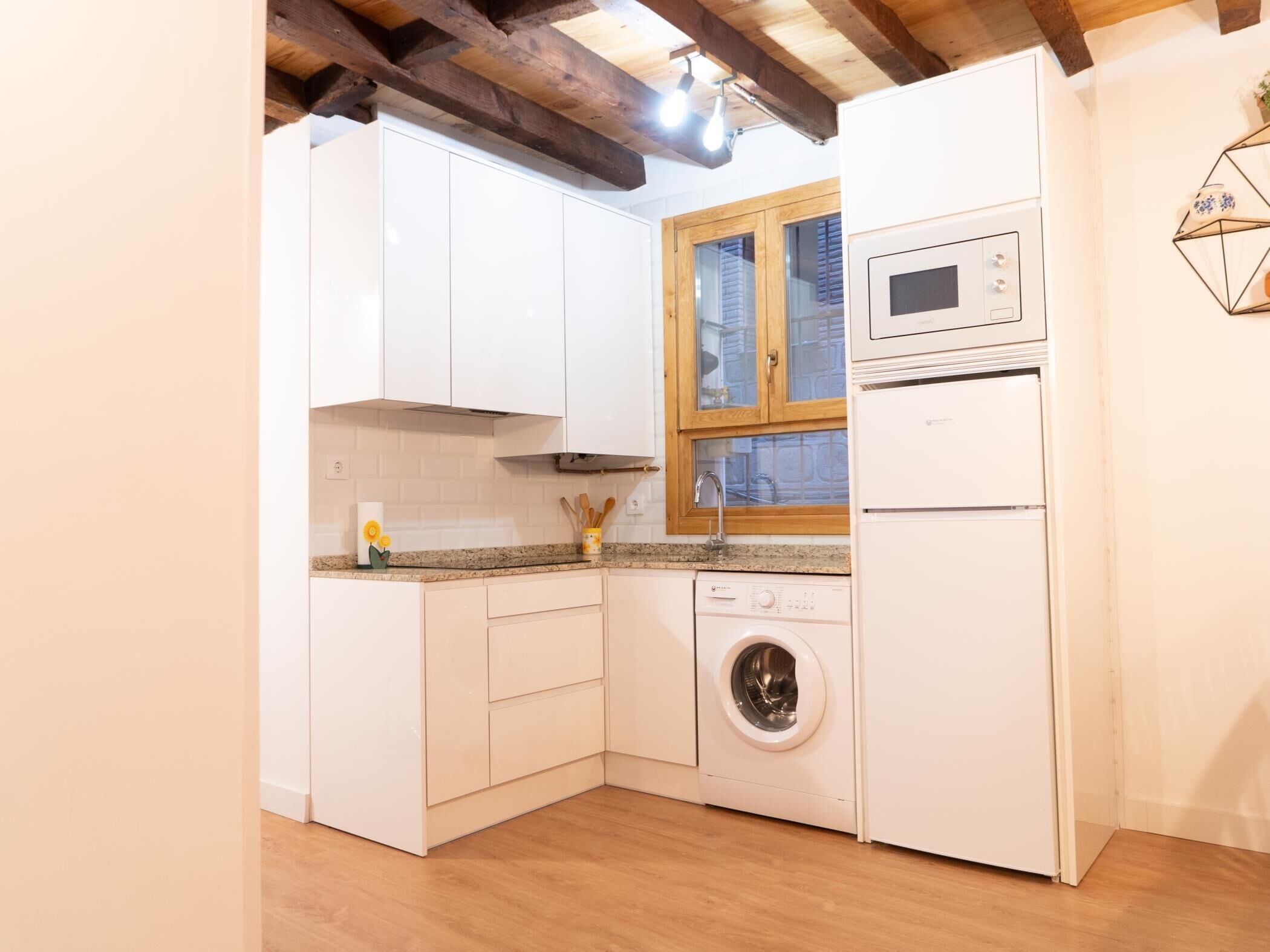 Fridge, microwave, coffee/tea maker, toaster