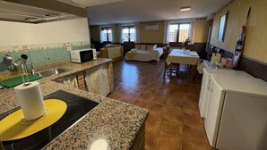Cuina amb microones, rentamicro i fogó, zona de menjador amb taula i cadires, i zona d'estar amb sofà i finestra.