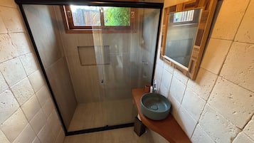 A small, enclosed shower area with a glass door, a toilet, and a sink with a bowl.
