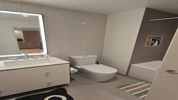 Hair dryer, towels, soap, toilet paper