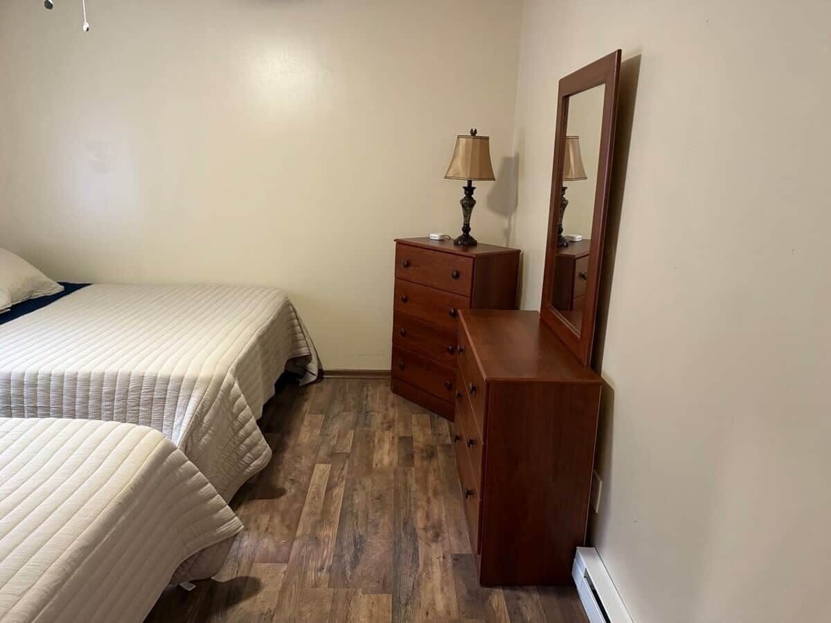 A bedroom with two beds, a wooden dresser, a mirror, and a lamp.