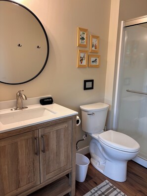 A bathroom with a sink, toilet, and a shower. There are framed pictures on the wall. - Brand New 2 Bedroom Lake Home in Charming Cumberland, WI (Cumberland)
