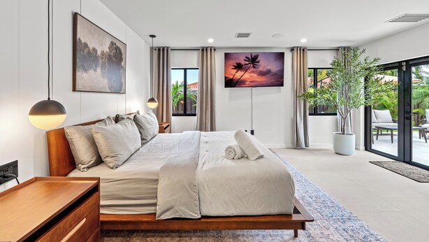 Een moderne slaapkamer met een groot bed, een flatscreen televisie en een potplant.
