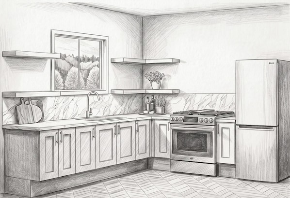 Una cocina con estufa, horno, refrigerador, lavaplatos y ventana con vista a árboles, y una encimera con una planta y una botella.