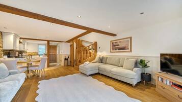 Smart TV, fireplace, books, stereo