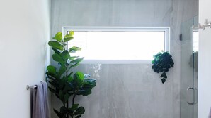 Casa de banho com um banco de madeira, uma planta em vaso, um porta-toalhas e um box de chuveiro em vidro.