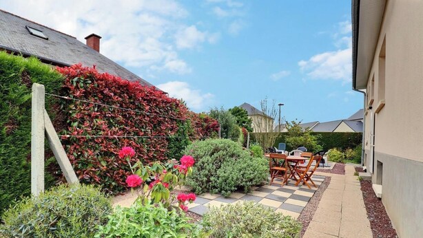 A garden with a patio area, a wooden table and chairs, and a hedge with red foliage.