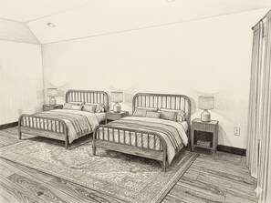 Une chambre avec deux lits, des tables de chevet, des lampes, un tapis et un rideau.